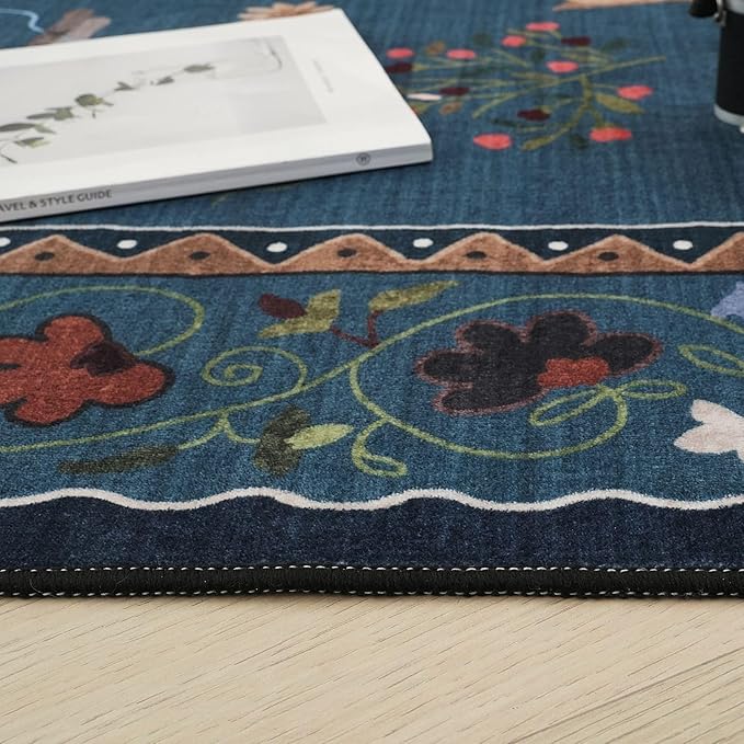 Rugcomf Area Rugs 8x10 Rug for Living Room Clearance Washable Boho Area Rug Non Slip Floral Animal Cat Vintage Low Pile Large Rug for Bedroom Farmhouse Dining Room Kids Playroom, Pearl Gentian Blue