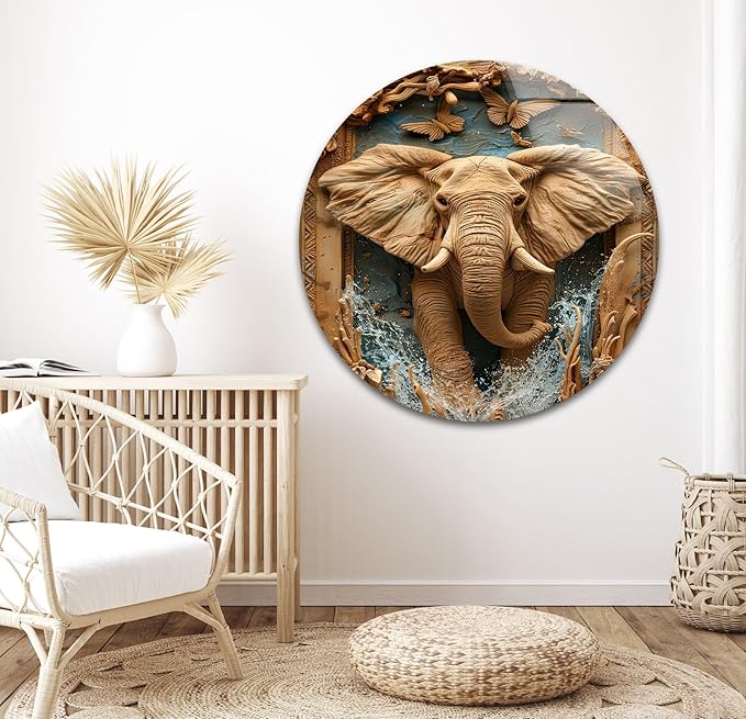 My Photostation.com 30Wx35.5H'' Elephant Carving Glass Wall Art Tempered Glass Printing Wall Decor Large Wall Art Wall Hangings