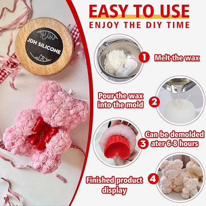 Bowtie Rose Bear Candle Mold 3D Teddy Bear Silicone Mold for DIY Handmade Soaps, Epoxy Resin Crafts, Father's Day Gifts, Birthday Gifts, Valentine's Day Gifts & Home Decorations Reusable Molds