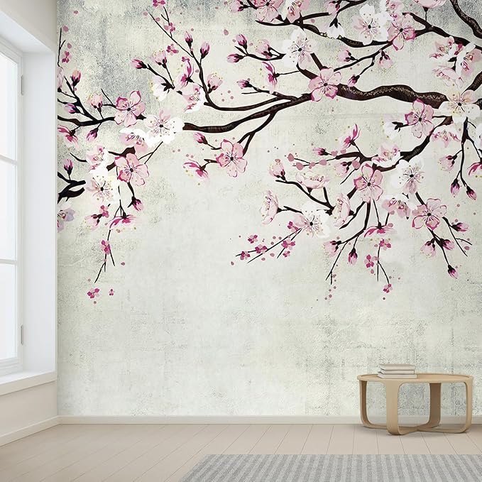 wall26 Wall Sticker/Wall Mural Watercolor Style Ink Painting Pink Cherry Blossom on Vintage, Not Peel and Stick, Non-Woven Wallpaper Decorative for Bedroom, Living Room, Office - 100x144 inches