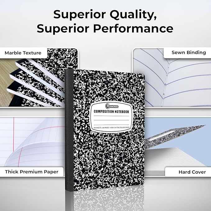 Rosmonde College Ruled Composition Notebooks 5 Pack, 200 Pages (100 Sheets), 9-3/4" x 7-1/2", White & Black Marble Composition Book, Hard Cover, Sturdy Sewn Binding, School, College & Office Supplies