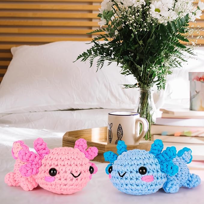 Crochetta Crochet Kit for Beginners, Crochet Starter Kit w Step-by-Step Video Tutorials, Easy Beginner Crochet Kit for Adults & Kids, Women & Men, Complete Kit Included (Axolotl 2Pack)
