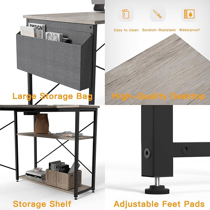 TIQLAB L Shaped Computer Desk with Power Outlets, 47 Inch Gaming Desk, Small Desk Corner Desk with Reversible Shelves, Study Desk Writing Desk for Home Office Bedroom, Work from Home, Beige, Grey