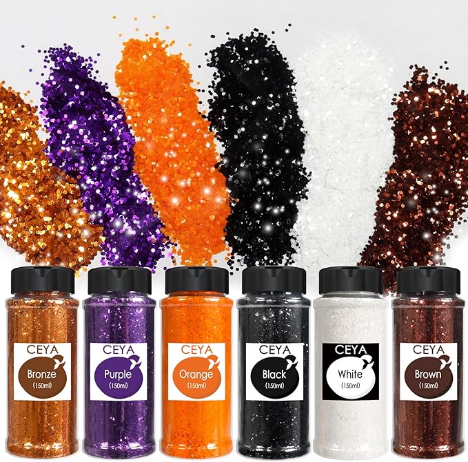 Ceya Bulk Chunky Glitter 6 Colors,4.23OZ Fall Crafts Helloween Glitter,1/24”for Pumpkin,Snowglobe Tumbler,Nail,School Classroom Art,DIY Craft Slime Poster Card,Orange,Purple,Black,White,Bronze,Brown