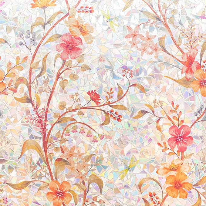 Stained Glass Window Film Static Cling Door Privacy Film Decorative Flowers Red Leaves Window Decals Stickers Heat Control Anti UV for Home and Office,17.5 inches by 157 inches
