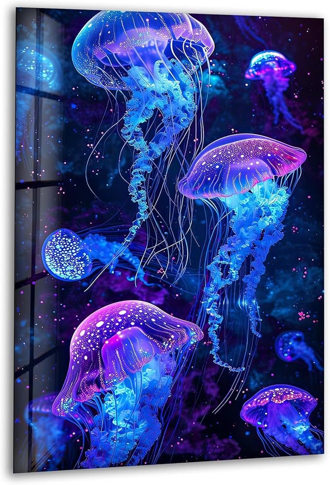 My Photostation.com Round 24'' Glowing Jellyfish Glass Wall Art Tempered Glass Printing Wall Decor Large Wall Art Wall Hangings