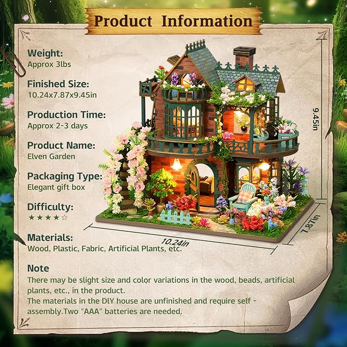 DIY Miniature House Kit, Book Nook Kit for Adult, 3D Wooden Puzzles, Dollhouse Kit with LED Light, Mini Building Kit, Craft Kit for Teen to Build (Elven Garden)