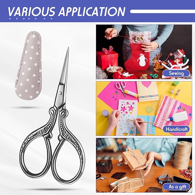 Honoson 4 Pcs Sewing Embroidery Scissors with 4 Pcs Artificial Leather Cover 3.6 Inch Stainless Steel Stork Scissors Vintage Embroidery for Needlework Manual Sewing Handicraft(Retro Colors)
