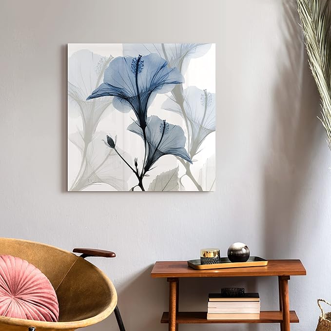 Empire Art Direct Frameless Free Floating Tempered Glass Panel Graphic Wall Art Ready to Hang, 24" x 24", Blue X-ray Floral, Flower wall art
