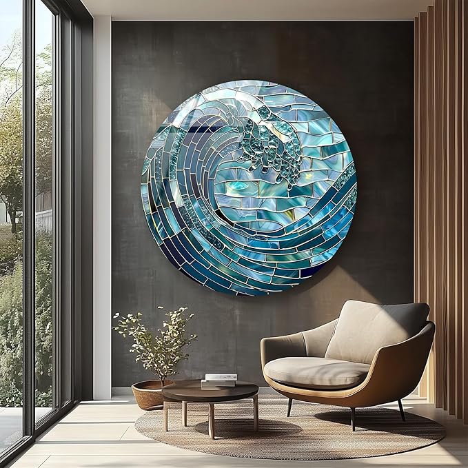 My Photostation.com 27.5''(70cm) Diameter Ocean Wave in Blue Mosaic Round Glass Wall Art Tempered Glass Printing Wall Decor Large Wall Art Wall Hangings