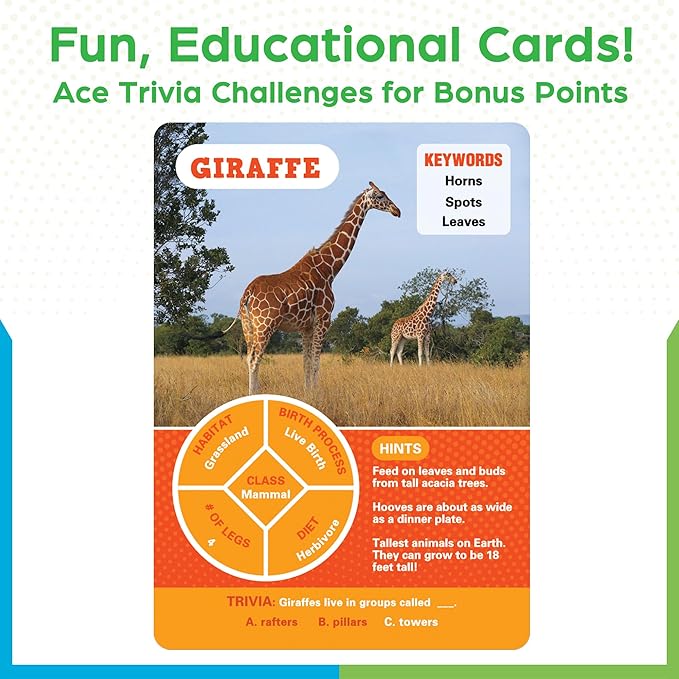 BenBen Guess Animal Card Games for Kids Family, 100 Cards, Educational Board Games for Travel, Classroom, Camping, Party, Car, Airplane, Road Trip Activities for Boys, Girls Ages 5+