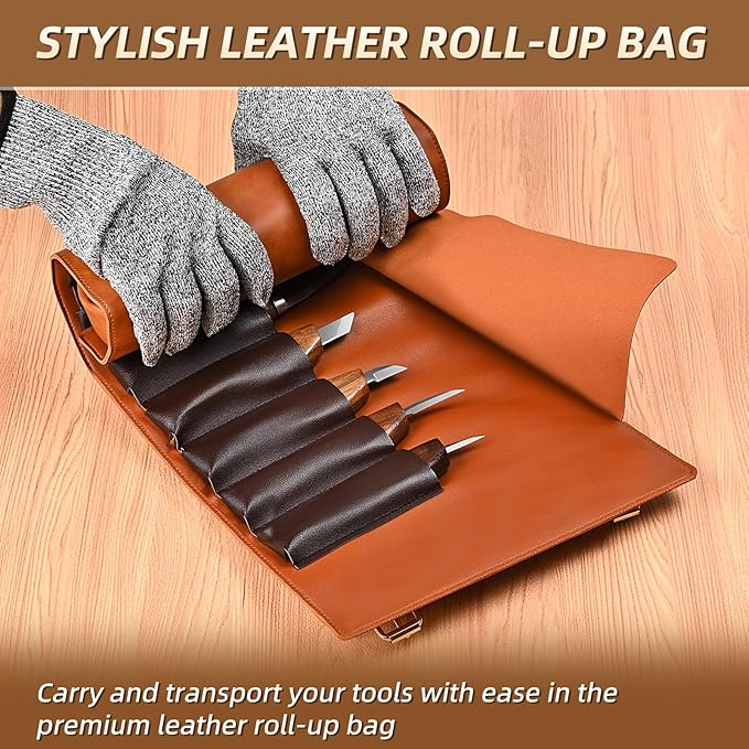Deluxe Wood Carving Kit - 21Pcs Wood Carving Tools with Leather Storage Bag,Wood Carving Tools Set with 8Pcs Whittling Knives, 8Pcs Detail Carving Knives,Wood Whittling Kit for Beginners