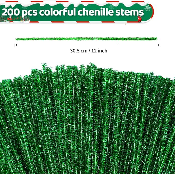 Eppingwin 200pcs Pipe Cleaners, Glitter Green Pipe Cleaners Craft Supplies,Chenille Stems for DIY Arts Crafts Project(Glitter Green)