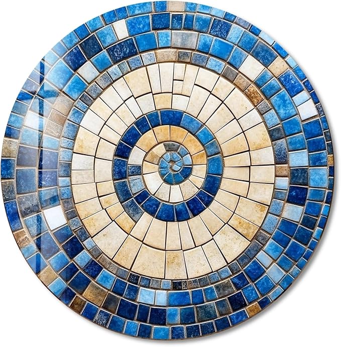 My Photostation.com 15.8''(40cm) Diameter Coastal Sunburst Beige & Blue Round Glass Wall Art Tempered Glass Printing Wall Decor Large Wall Art Wall Hangings