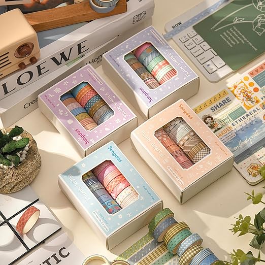 20 Rolls Basic Washi Tape Set Japanese Arts Adhesive Tapes Simple Patterns Decorative Masking Tape Sets for Craft, Kids, Scrapbook, DIY, Gift Wrapping (Style One)