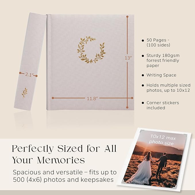 Premium Scrapbook Album – Photo Album with Writing Space – 100 Pages for Multiple Sizes 4x6, 5x7, 6x8, 8x10 – Holds 500 Photos – Wedding, Baby, Travel & Family Memories
