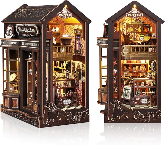 DIY Book Nook Kit, Miniature Dollhouse Bookshelf Insert with Light, Laser-Cut Wooden Craft Set for Adults, Perfect for Teens and Adults, Coffee Shop