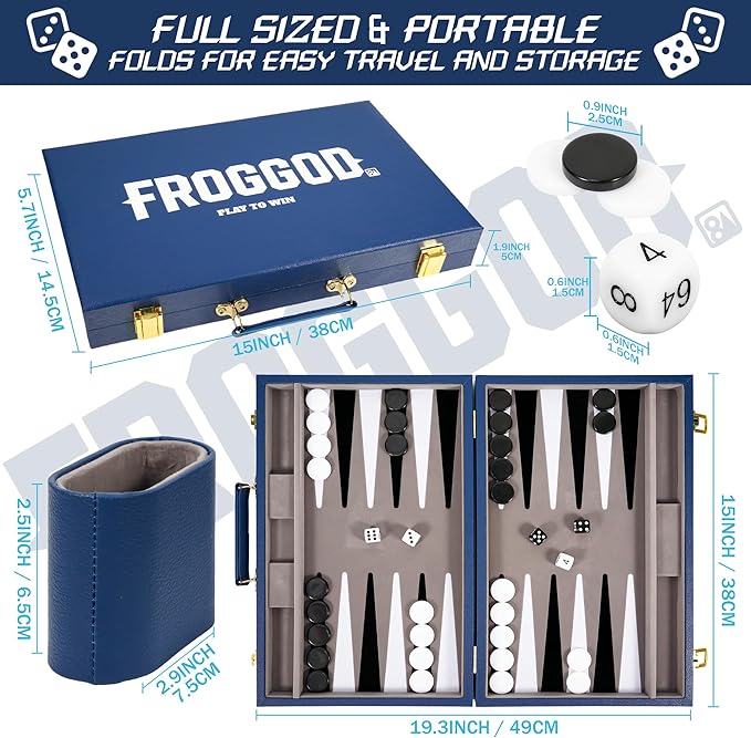 Froggod Travel Backgammon Sets for Adults – 15 Inch Premium Backgammon Set – PU Leather Case with Seamless Flocked Game Surface – Classic Board Games for 2 Player and Gift for Men(Dark Blue)