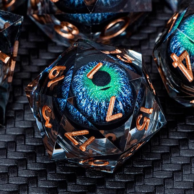 ARUOHHA DND Dragons Eye Dice Liquid Core Blue Green Resin Sharp Edged Dice Set with Gift Box, Compatible with D&D Role Playing Game, Dungeons Polyhedral D and D Dice D20 D12 D10 D8 D6 D4