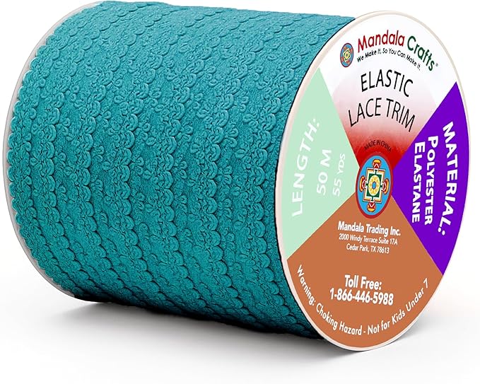Mandala Crafts Teal Stretch Lace Soft Elastic Trim Roll - 55 Yards 1 Inch Wide Stretchy Frilly Picot Ribbon for Sewing Lingerie, Headbands, Underwear, and Crafts