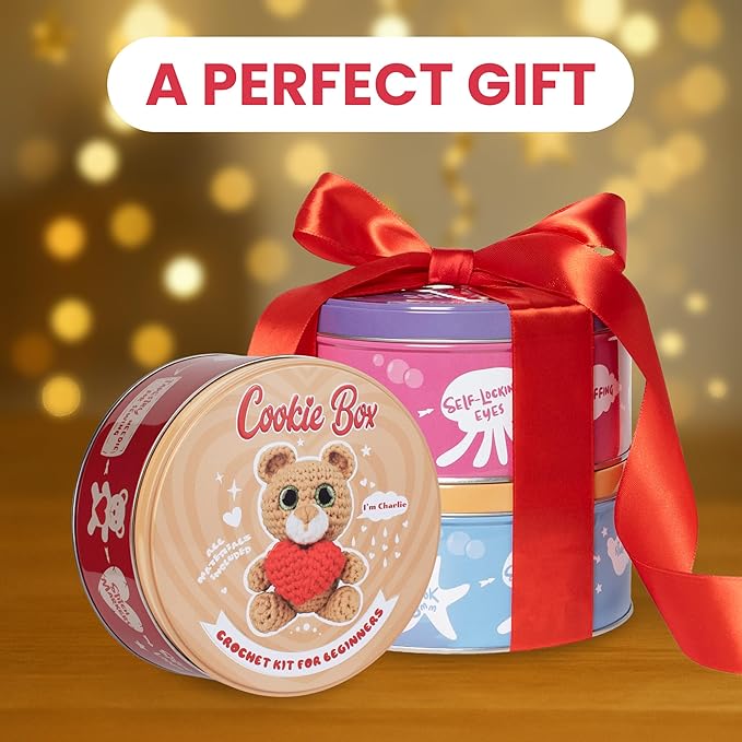 Cookie Box Crochet Kit for Beginners – Gift Set to Make Bear Charlie Amigurumi Plushie – Easy DIY Crochet & Knitting Starter Kit with Video and PDF Tutorials
