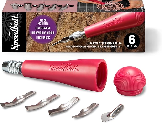Speedball 4131 Linoleum Cutter – 5 Assorted Lino Cutters Includes Plastic Storage Handle, Made in The USA