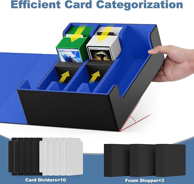 Mlikero Card Deck Case, 1800+ Trading Card Storage Box with 10 Dividers and 3 Foam Stoppers, Leather Magnetic Closure Commander Deck Box Fit for YuGiOh, MTG and Sport Cards(Black&Blue)