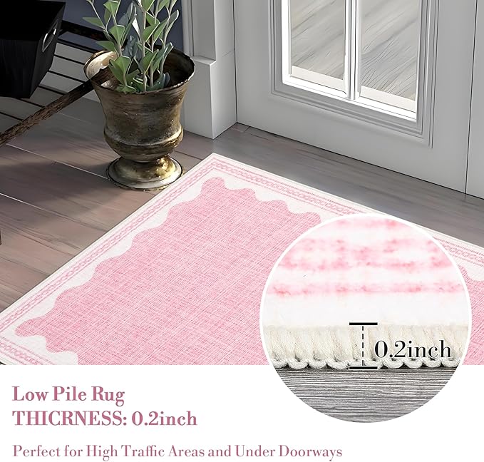 Scalloped Round Rug 4ft, Small Area Rugs Solid Pink Rug for Bedroom Girls, Washable Rugs for Living Room, Non Slip Scalloped Round Bath Mat, Soft Dorm Nursery Carpet for Bedside