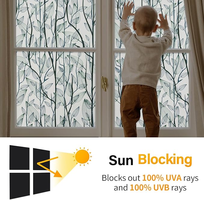 Leaf Pattern Window Tint with Installation Tools, Blackout Window Cover, Sun Blocking Window Tint for Home (Full Blackout Opaque, 35.4'' x 118.1'')