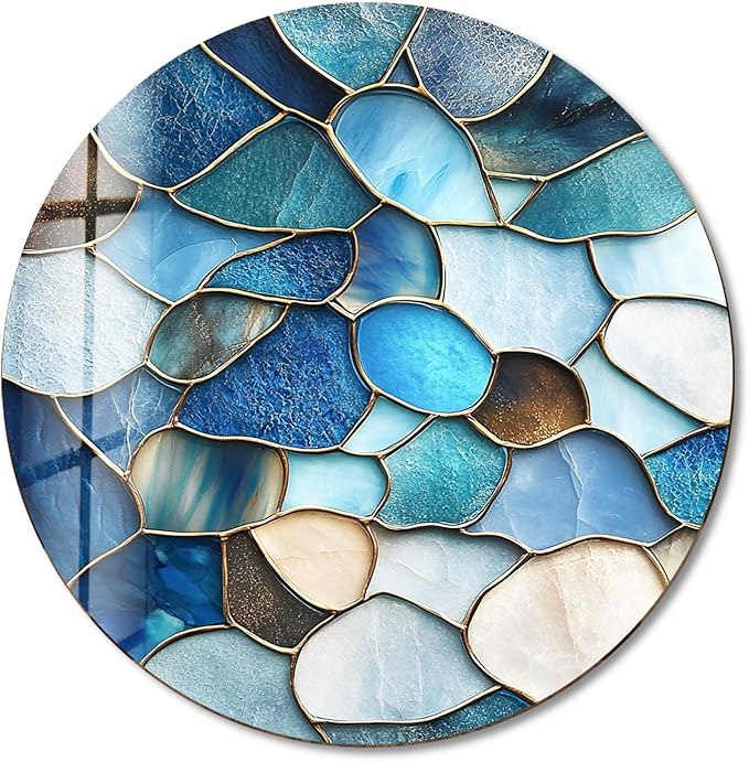 My Photostation.com 27.5''(70cm) Diameter Coastal Blue Stone Mosaic Round Glass Wall Art Tempered Glass Printing Wall Decor Large Wall Art Wall Hangings