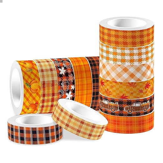 12 Rolls Fall Washi Tape, Thanksgiving Autumn Maple Leaves Pumpkin Plaids Masking Washi Tape 15mm, Thanksgiving Harvest Decorative Tape Sticker for Scrapbook, Journal, DIY Craft, Gift Wrapping