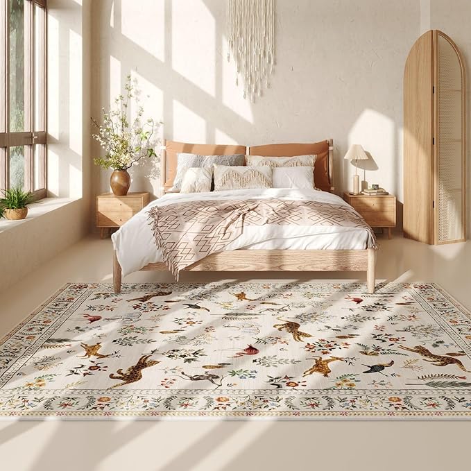 Rugcomf Living Room Rug 5x7 Rug Machine Washable Boho Area Rug Non Slip Floral Animal Vintage Low Pile Large Rugs for Living Room, Bedroom, Farmhouse, Dining Room, Kids Playroom (Beige)