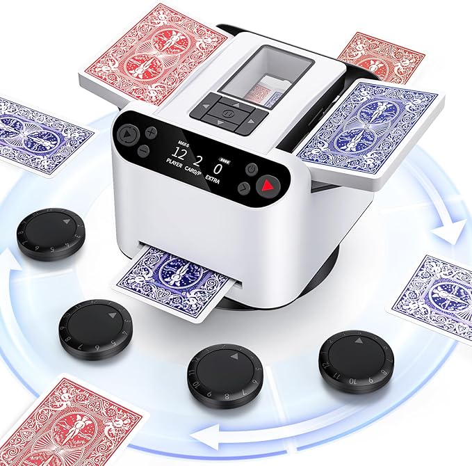 Automatic Card Shuffler and Dealer 2-in-1, 2 Deck 360° Rotating Dealing Machine for 12 Players, 4 Drawing Remotes, Rechargeable Playing Card Shuffler Machine for UNO, Poker, Phase 10