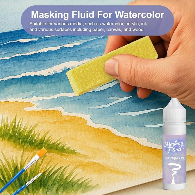 1DFAUL 60ml Masking Fluid for Watercolor Painting, Art Watercolor Masking Fluid Precise White Space, Easy Peel-Off, Water Based Latex, for Artists, Beginners, DIY Canvas Protection (White)