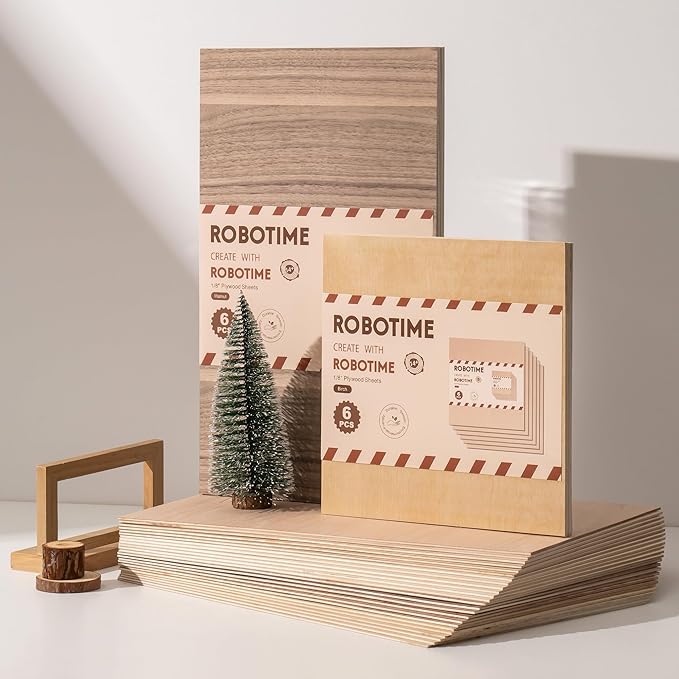 ROBOTIME 3mm Plywood for Laser Cutting, 6 Pcs Bubinga 1/8 Plywood Sheets, Crafting Wood for DIY Projects, Thin Bubinga Wood Sheets Laser Engraving Material, 12"x20"
