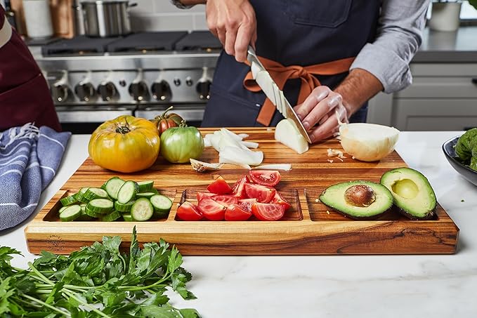 Sonder Los Angeles, XL Thick Teak Wood Cutting Board for Kitchen with Juice Groove, Sorting Compartments, Charcuterie Cheese Board 20x15x1.5 in (Gift Box Included)