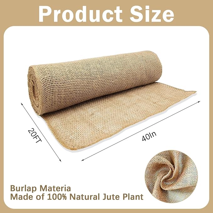 40InX20FT Burlap Rolls Multipurpose Jute Burlap Fabric for Garden Tree Wrap Outdoor Weed Barrier Protection for Plant Shrubs DIY Craft Projects and Party Decor