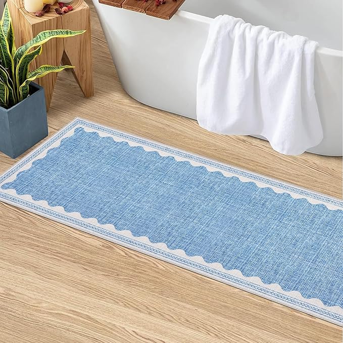 Scalloped Rug 2.5x10 Runners for Hallways, Solid Blue Non Slip Scalloped Bath Runner, Washable Rug for Bedroom Girls, Rugs for Kitchen Floor Soft Dorm Nursery Carpet for Bedside