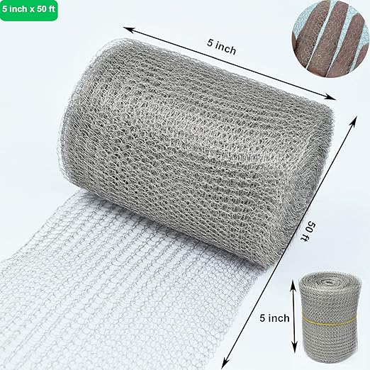 Wire Mesh 5" x 50FT, 304 Stainless Steel Mesh, Hole Fill Fabric Gap Blocker, Double Layer Metal Mesh Roll, Flexible & Stretchy for Garden House and DIY