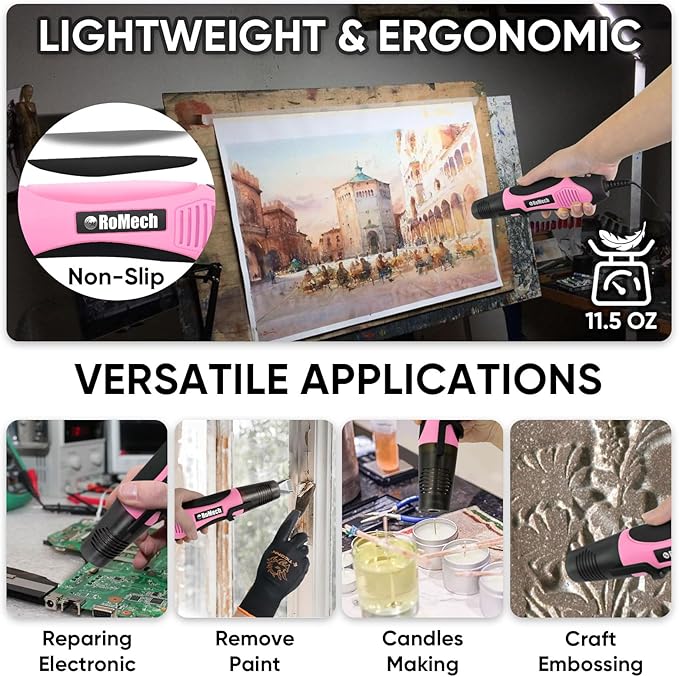 ROMECH 350W Heat Gun with 2 Nozzles, Dual Temp Heat Gun 400°F-660°F, Fast Heat Hot Air Gun with Overload Protection for DIY Craft Embossing Shrink Wrapping (Pink)