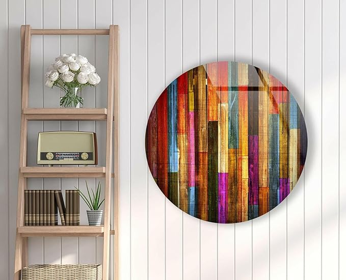 My Photostation.com 20''(50cm) Diameter Colorful Wood Pattern Round Glass Wall Art Tempered Glass Printing Wall Decor Large Wall Art Wall Hangings