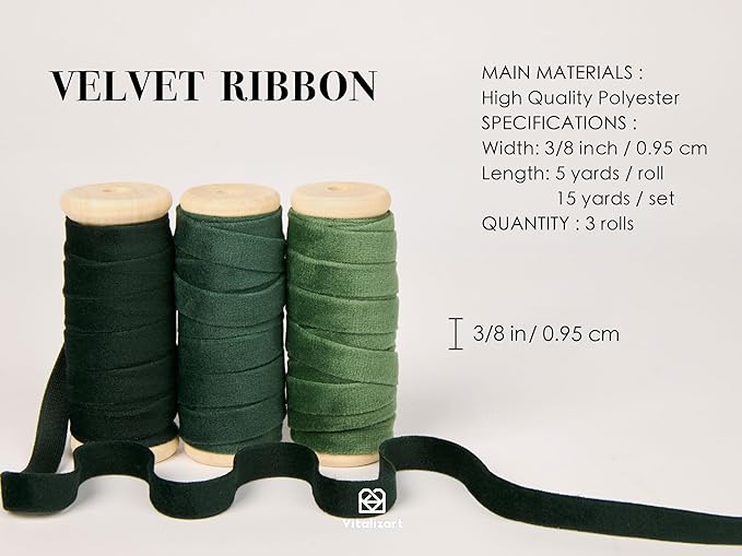Vitalizart Green Velvet Ribbon 3/8" x 15 Yd Fabric Trim 3 Rolls * 5 Yd for Christmas Wreath Decoration Handmade Craft Ornaments Gift Wrapping & Bow Making Dark Forest