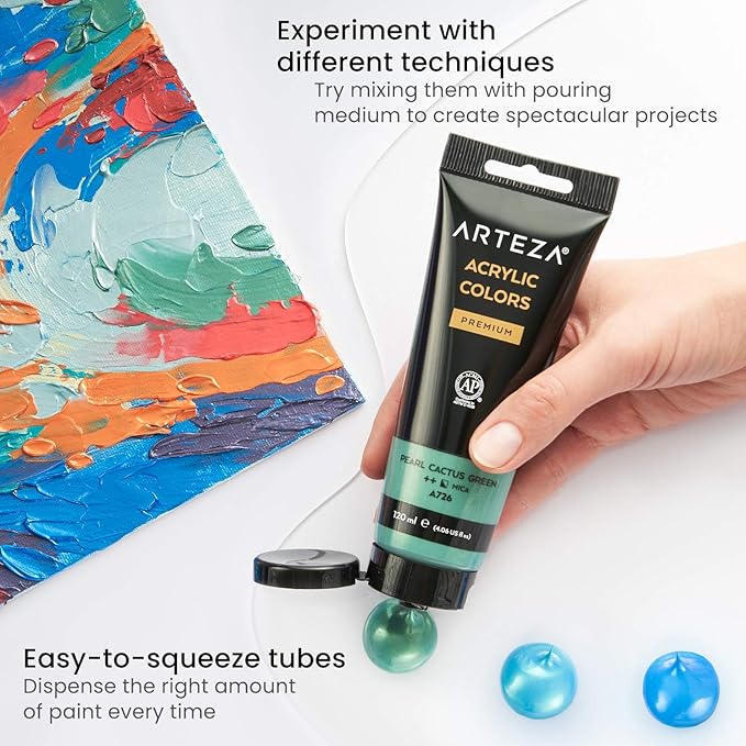 Arteza Metallic Acrylic Paint, Set of 8 Classic Elements Colors 4.06oz Tubes, Rich Pigments, Non Fading, Non Toxic Paints for Artists & Hobby Painters, Art Supplies for Canvas Painting & Crafts