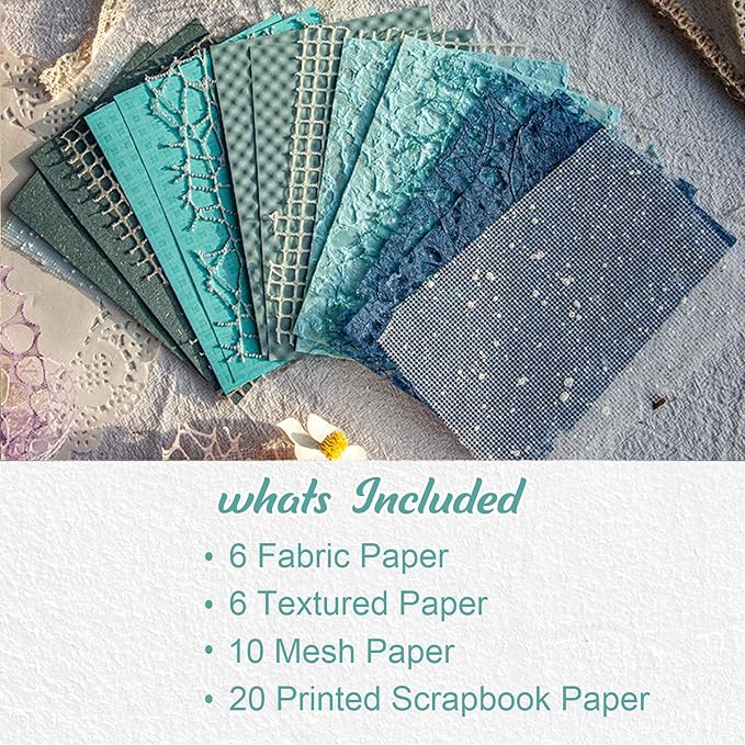 42 Sheets Textured Scrapbook Paper and Mesh Fabric Assorted Set, Junk Journal Supplies Assorted Set, Special Paper for Scrapbooking Materials Card Embellishments 3.9x5.5 Inch (Blue)