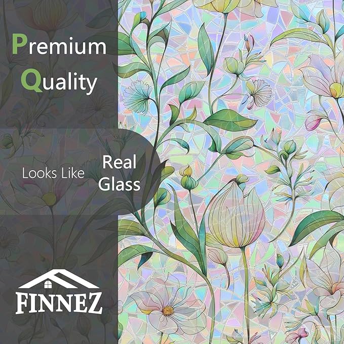 FINNEZ Window Privacy Film Stain Glass Film Flowers Rainbow Window Film Window Clings Non-Adhesive Reusable Decorative for Home（Forest Rainbow，45.2 Inch x 13.1 Feet）