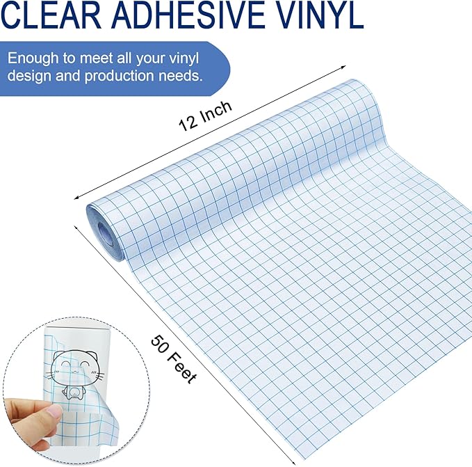 Vinyl Transfer Paper Tape Roll -12" x 50 FT w/Alignment Grid Clear Transfer Tape for Silhouette Cameo, Adhesive Vinyl Contact Paper Roll for Crafts Decals Stickers Windows Signs
