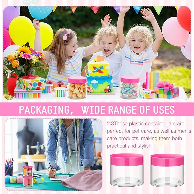 SATINIOR 24 Pieces Empty Clear Plastic Jars with Lids Round Storage Containers Wide Mouth for Beauty Product Cosmetic Cream Lotion Liquid Butter Craft and Food(Pink Lid,6 oz)