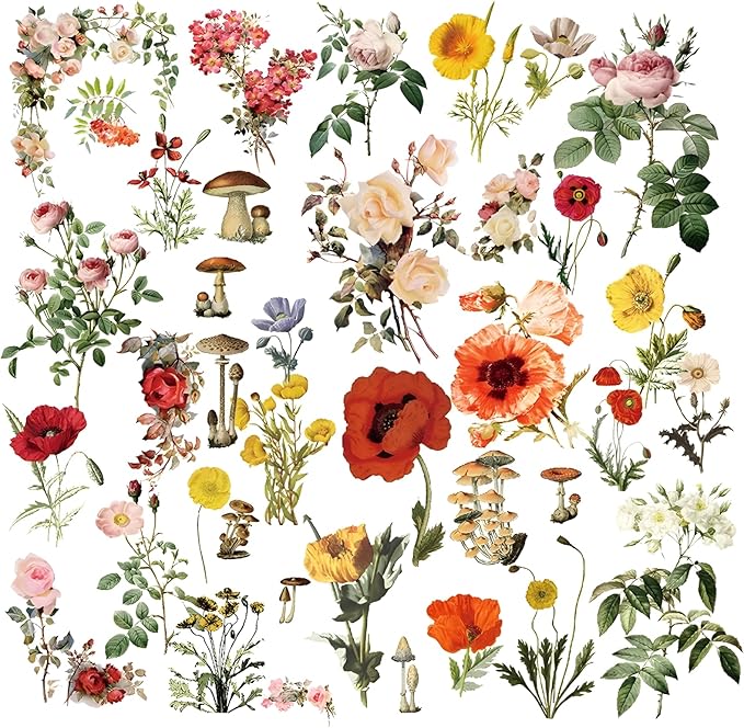 Vintage Vellum Stickers Floral Plants Elements Scrapbooking Supplies Flowers Botanic Natural Translucent Paper Self-Adhesive Junk-Journal Items (Floral)