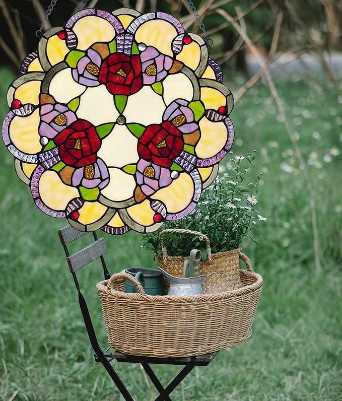 PA0001 Rose Flowers Stained Glass Window Panel W 16" x H 16" Window Suncatcher Tiffany Style Ornament, Home Hanging Decorations