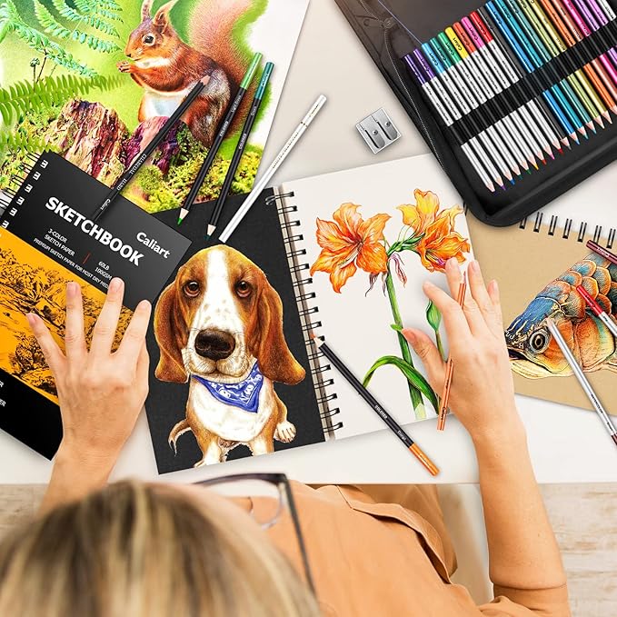 Caliart 176PCS Art Supplies Sketching Kit with 100 Sheets 3-Color Sketch Book, Graphite Colored Charcoal Watercolor & Metallic Pencils, Drawing Set Christmas Gifts for Adults Teens Girls Boys Kids